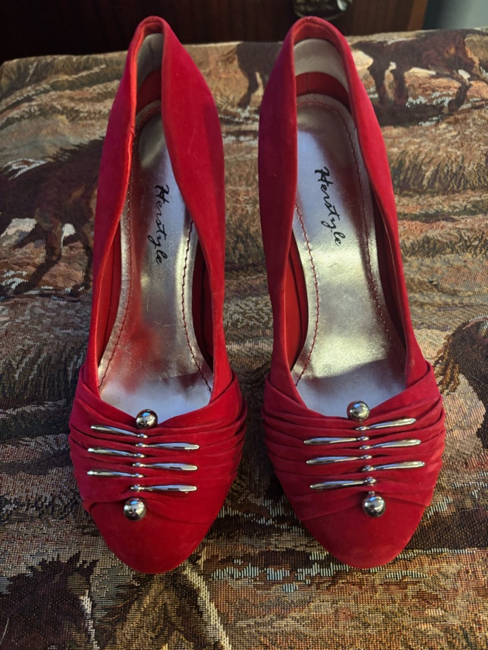 Herstyle Red Suede Pointed-Toe Pumps with Silver Bar Detail